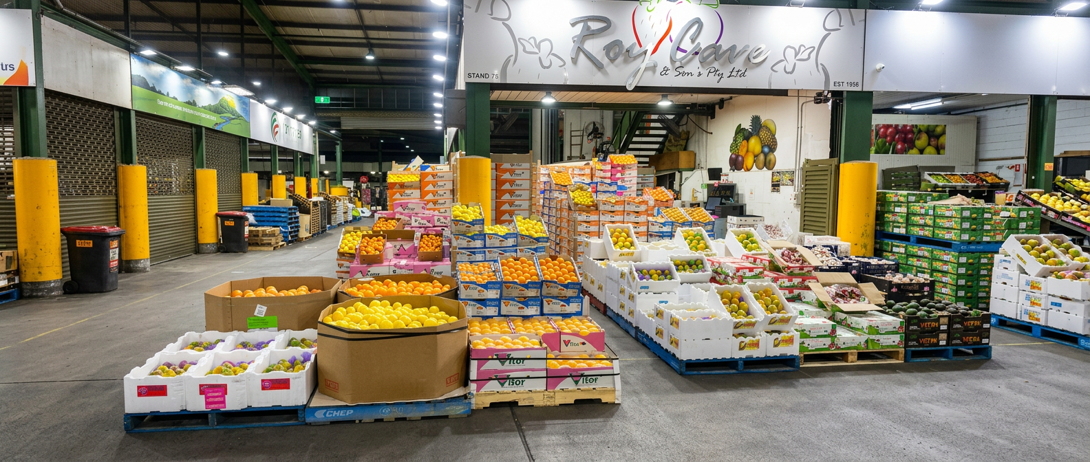 The Simplicity Trading stand at Sydney Markets, Stand 75, with premium fruit ready for trade